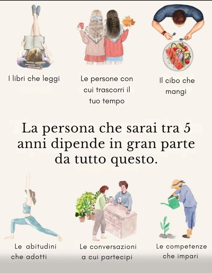 La crescita è una somma di scelte quotidiane.
Ogni libro che leggi, ogni persona che frequenti, ogni abitudine che coltivi lascia unimpronta silenziosa su chi diventerai.
Il futuro non arriva allimprovviso: lo costruisci, giorno dopo giorno, con ciò che scegli di nutrire dentro e fuori di te.