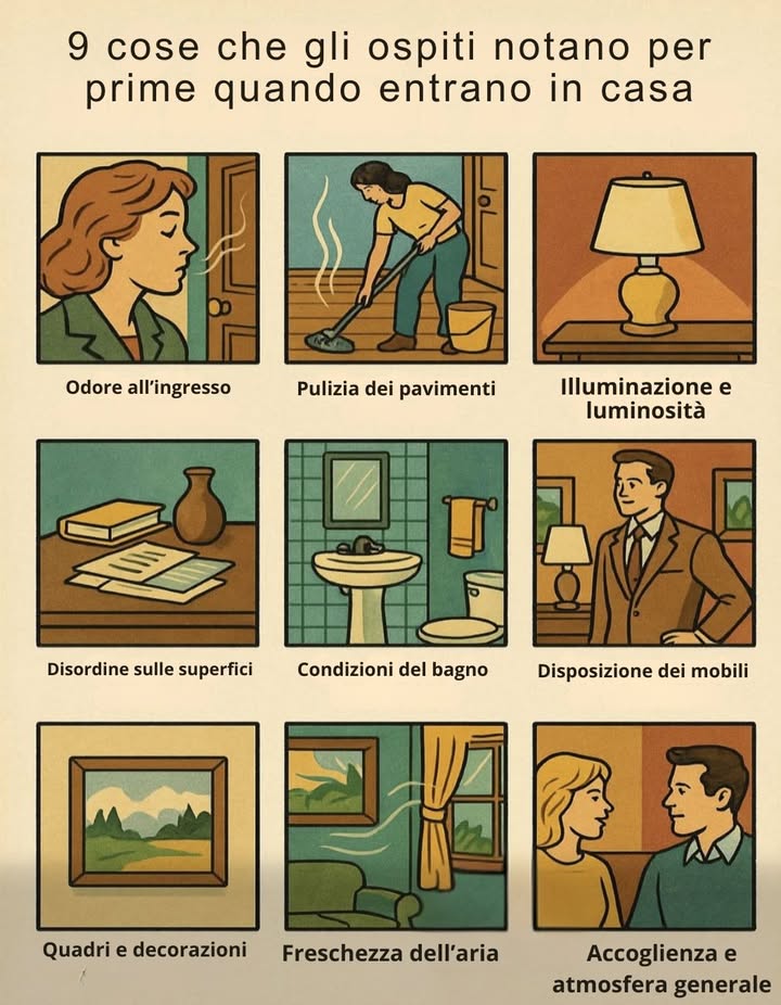 9 cose che gli ospiti notano per prime quando entrano in casa

Odore allingresso
La prima impressione parte dallaroma dellambiente appena si apre la porta.

Pulizia dei pavimenti
Pavimenti curati trasmettono ordine e attenzione ai dettagli.

Illuminazione e luminosità
La luce valorizza gli spazi e influisce sullatmosfera generale.

Disordine sulle superfici
Oggetti sparsi e appoggi affollati attirano subito locchio.

Condizioni del bagno
Un bagno pulito comunica cura e igiene.

Disposizione dei mobili
Le persone percepiscono se la stanza è organizzata in modo armonioso.

Quadri e decorazioni
Elementi decorativi ordinati e ben scelti rendono lambiente più accogliente.

Freschezza dellaria
Una buona ventilazione e unaria pulita fanno sentire lo spazio più leggero.

Accoglienza e atmosfera generale
Il clima emotivo, i colori e la sensazione complessiva completano limpressione iniziale.