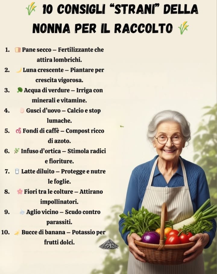 10 Consigli Strani della Nonna per il Raccolto 
 Zolle di pane secco come fertilizzante
Aggiungono materia organica e attirano lombrichi utili al suolo.
 Piantare con la luna crescente
Favorisce la germinazione e la crescita più vigorosa delle piante.
復 Acqua di cottura delle verdure come nutrimento
Ricca di minerali e vitamine, ideale per irrigare ortaggi e fiori.
讀 Gusci duovo frantumati nei solchi
Rilasciano calcio e tengono lontane le lumache.
缾 Compost con fondi di caffè
Apporta azoto e migliora la struttura del terreno.
 Infuso di ortica come stimolante
Rinforza le radici e favorisce fioriture abbondanti.
拏 Latte diluito sulle foglie
Protegge da malattie fungine e nutre delicatamente.
 Fiori tra le colture
Richiamano impollinatori e aumentano la produzione.
龍 Aglio piantato vicino agli ortaggi
Tiene lontani parassiti e migliora la salute del suolo.
 Bucce di banana sotto le piante
Rilasciano potassio e favoriscono frutti più dolci e grandi