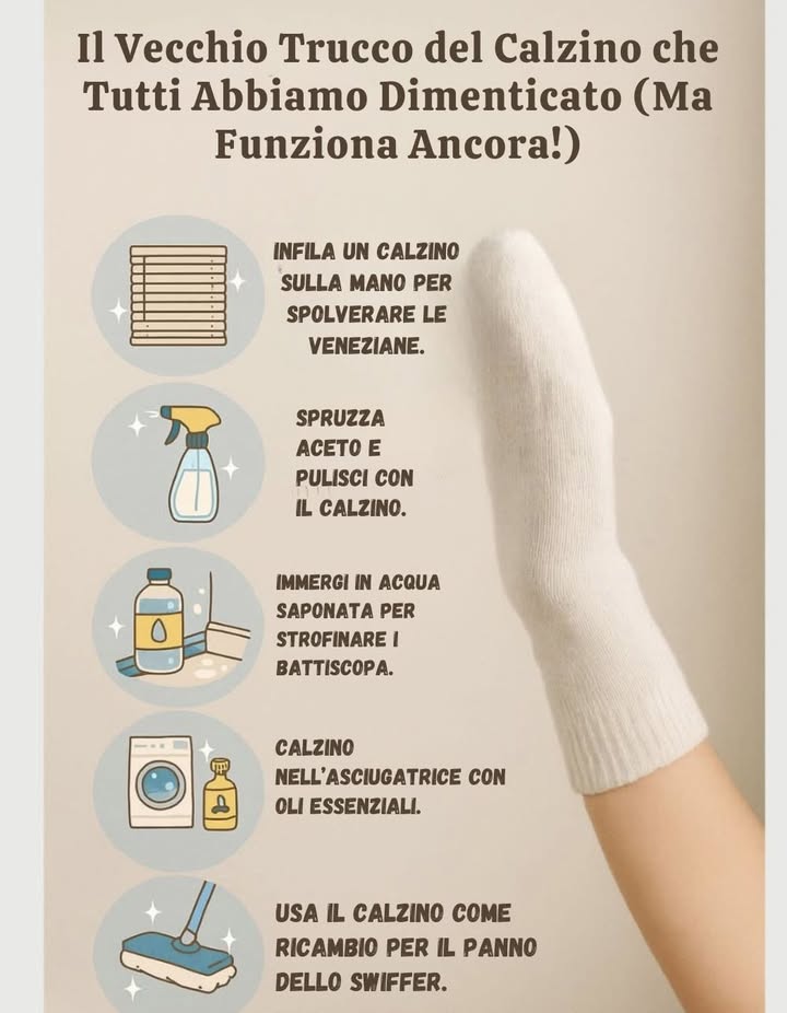 Il vecchio trucco del calzino che funziona ancora

罹 Infila un calzino sulla mano per spolverare le veneziane.
林 Spruzza aceto e pulisci con il calzino per rimuovere lo sporco.
 Immergi in acqua saponata per strofinare i battiscopa.
 Metti un calzino nellasciugatrice con oli essenziali per profumare il bucato.
粒 Usa il calzino come ricambio per il panno dello Swiffer.

Un accessorio semplice che diventa un alleato versatile per la pulizia domestica.