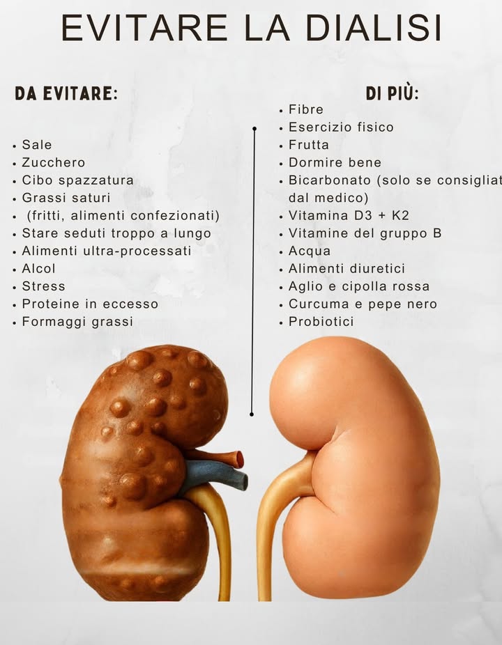 EVITARE LA DIALISI

Evita:

Sale

Zucchero

Cibo spazzatura

Grassi saturi fritti, confezionati

Sedentarietà prolungata

Alimenti ultra-processati

Alcol

Stress

Eccesso di proteine

Formaggi stagionati

Aumenta:

Fibre

Attività fisica

Frutta

Sonno di qualità

Bicarbonato

Vitamina D3  K2

Vitamine del gruppo B

Acqua

Alimenti diuretici

Aglio e cipolla rossa

Curcuma e pepe nero

Probiotici