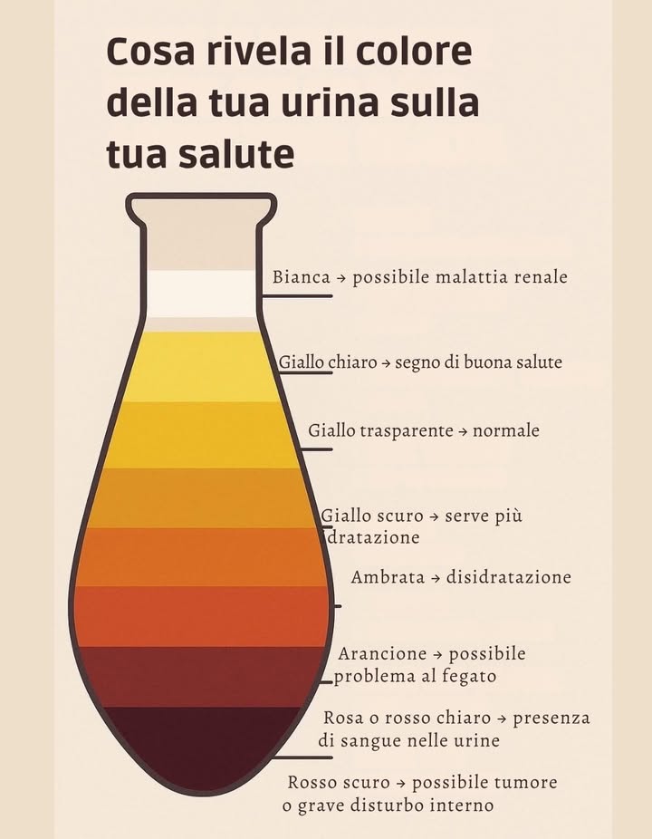 Cosa rivela il colore della tua urina sulla tua salute 

 Bianca  possibile malattia renale
 Giallo chiaro  segno di buona salute
 Giallo trasparente  normale
 Giallo scuro  serve più idratazione
 Ambrata  disidratazione
李 Arancione  possibile problema al fegato
 Rosa o rosso chiaro  presenza di sangue nelle urine
 Rosso scuro  possibile tumore o grave disturbo interno

 Il colore dellurina è un indicatore semplice ma utile dello stato di salute e del livello di idratazione. Bere acqua a sufficienza e consultare un medico se i cambiamenti persistono.