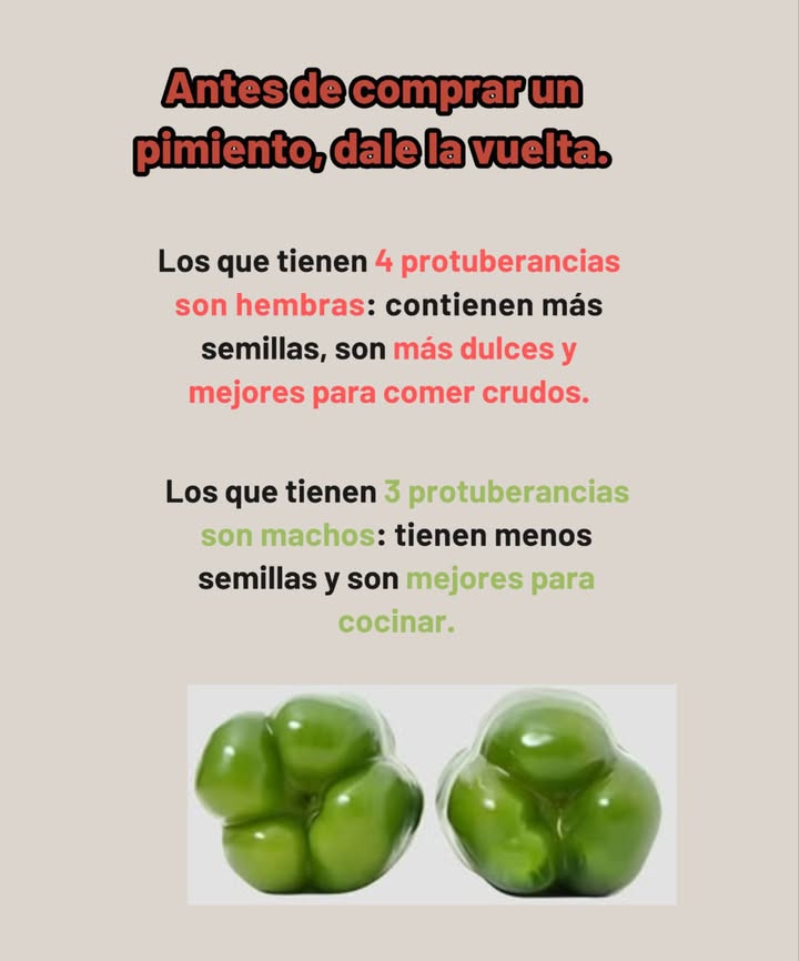 Antes de comprar un pimiento, dale la vuelta

 4 protuberancias = hembra
Más semillas, sabor más dulce y textura ideal para comer crudo o en ensaladas.

 3 protuberancias = macho
Menos semillas, sabor más intenso y perfectos para cocinar, asar o saltear.

 Un simple vistazo a la base del pimiento revela su mejor uso en la cocina.