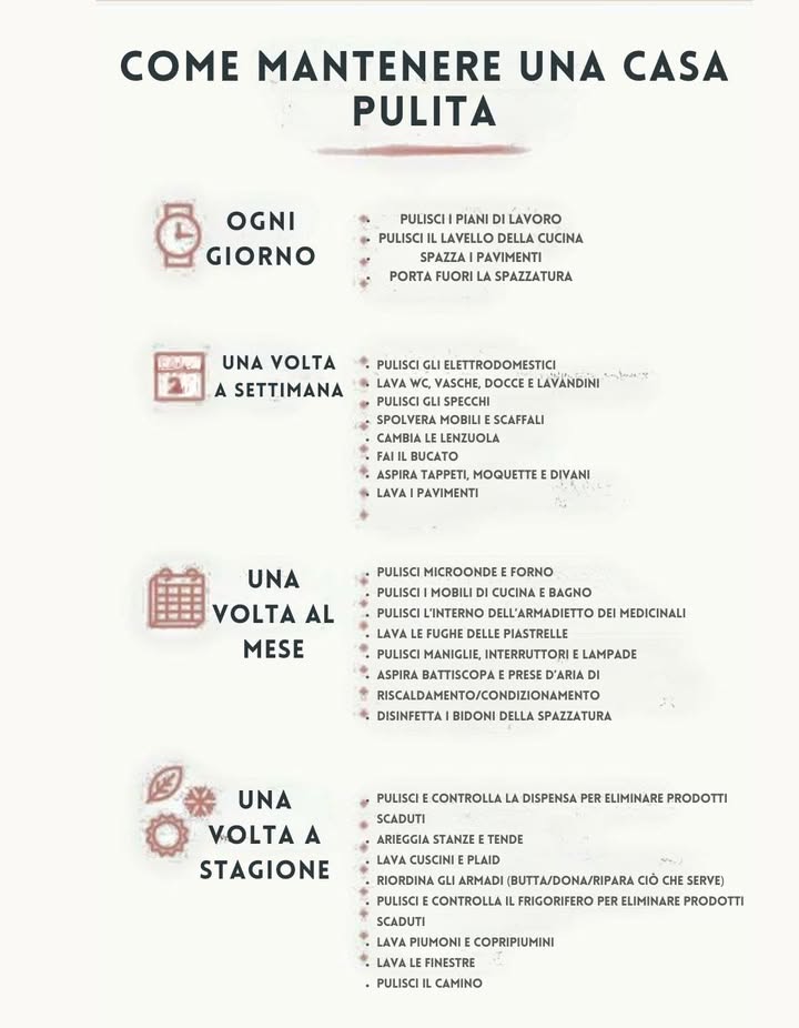 Una casa pulita si mantiene con piccole abitudini quotidiane, settimanali e stagionali.
Ricorda: lordine riduce lo stress e migliora la salute.
Pulire con costanza è più facile che fare grandi fatiche dopo.