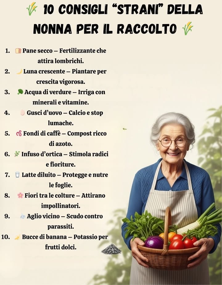 10 Consigli Strani della Nonna per il Raccolto 

 Zolle di pane secco come fertilizzante
Aggiungono materia organica e attirano lombrichi utili al suolo.

 Piantare con la luna crescente
Favorisce la germinazione e la crescita più vigorosa delle piante.

復 Acqua di cottura delle verdure come nutrimento
Ricca di minerali e vitamine, ideale per irrigare ortaggi e fiori.

讀 Gusci duovo frantumati nei solchi
Rilasciano calcio e tengono lontane le lumache.

缾 Compost con fondi di caffè
Apporta azoto e migliora la struttura del terreno.

 Infuso di ortica come stimolante
Rinforza le radici e favorisce fioriture abbondanti.

拏 Latte diluito sulle foglie
Protegge da malattie fungine e nutre delicatamente.

 Fiori tra le colture
Richiamano impollinatori e aumentano la produzione.

龍 Aglio piantato vicino agli ortaggi
Tiene lontani parassiti e migliora la salute del suolo.

 Bucce di banana sotto le piante
Rilasciano potassio e favoriscono frutti più dolci e grandi.