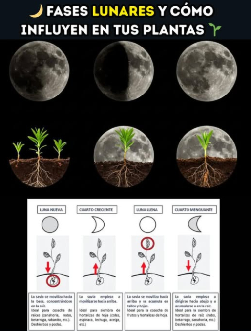 Fases lunares y cómo influyen en tus plantas 
La jardinería lunar es una práctica ancestral que aprovecha la influencia de la luna sobre la savia, la humedad del suelo y el desarrollo de las raíces. Así actúa cada fase:
 Luna Nueva
 Savia concentrada en las raíces.
 Siembra de tubérculos y raíces zanahoria, papa, remolacha.
 Poda de mantenimiento.
 Trasplantes para reducir estrés.
 Cuarto Creciente
 Savia sube hacia hojas y flores.
 Siembra de plantas de hoja lechuga, espinaca, acelga.
 Abonado rico en nitrógeno.
 Injertos y esquejes con mayor éxito.
 Luna Llena
 Máximo flujo de savia en la parte aérea.
 Cosecha de frutas y flores más sabor y aroma.
 Riego abundante: el suelo retiene mejor la humedad.
 Evita podar: la pérdida de savia sería mayor.
 Cuarto Menguante
 Savia desciende y fortalece raíces.
 Siembra de bulbos y tubérculos ajo, cebolla, zanahoria.
 Poda para estimular crecimiento en perennes y arbustos.
 Control de plagas y malezas con más efectividad.
 Sigue el calendario lunar y aprovecha cada fase para que tu huerto crezca fuerte y equilibrado.
#FasesLunares #JardineríaLunar  #PlantasFrescas