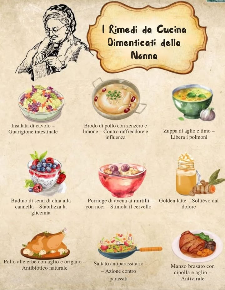 Rimedi di cucina della nonna 

綾 Insalata di cavolo  guarisce lintestino
 Brodo di pollo con zenzero e limone  contro raffreddore e influenza
北 Zuppa di aglio e timo  libera i polmoni
 Budino di semi di chia alla cannella  stabilizza la glicemia
北 Porridge di avena ai mirtilli con noci  stimola il cervello
拏 Golden latte  sollievo dal dolore
 Pollo alle erbe con aglio e origano  antibiotico naturale
復 Saltato antiparassitario  azione contro i parassiti
數 Manzo brasato con cipolla e aglio  antivirale