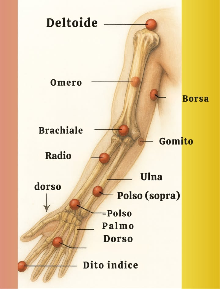Mappa dei punti nel braccio e nellavambraccio
Limmagine mostra uno schema di punti chiave nel braccio e nella mano, utilizzati come riferimenti sia in anatomia che in terapie manuali, agopuntura e digitopressione.
 Punti principali identificati
Deltoide
Muscolo principale della spalla, legato alla forza e alla mobilità del braccio.
Omero
Osso lungo del braccio, importante per il sostegno e il movimento.
Borsa
Borsa sinoviale che evita attrito nelle articolazioni.
Brachiale
Muscolo che contribuisce alla flessione del gomito.
Gomito
Articolazione chiave per la mobilità del braccio.
Radio e ulna
Ossa dellavambraccio, permettono la rotazione e movimenti fini.
Polso alto e base
Punto di articolazione che collega lavambraccio con la mano.
Dorso della mano
Area dove passano i tendini estensori.
Palma
Zona di grande sensibilità, collegata a terminazioni nervose e punti riflessi.
Dito indice
Rappresenta forza di presa e coordinazione fine.
 Usi terapeutici ed energetici
 Agopuntura e digitopressione: alcuni di questi punti coincidono con meridiani Intestino Crasso, Cuore, Pericardio.
 Fisioterapia: liberazione della tensione in spalla, gomito e polso.
 Riflessologia della mano: la palma e le dita riflettono organi interni.
 Riabilitazione: punti chiave per recuperare mobilità dopo infortuni.
 Consiglio pratico: Un automassaggio che parte dal deltoide fino alla palma aiuta a liberare tensione, migliorare la circolazione e rilassare i nervi del braccio e della mano.