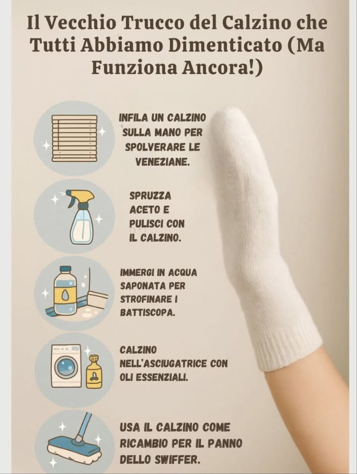 Il vecchio trucco del calzino che funziona ancora
罹 Infila un calzino sulla mano per spolverare le veneziane.
林 Spruzza aceto e pulisci con il calzino per rimuovere lo sporco.
 Immergi in acqua saponata per strofinare i battiscopa.
 Metti un calzino nellasciugatrice con oli essenziali per profumare il bucato.
粒 Usa il calzino come ricambio per il panno dello Swiffer.
Un accessorio semplice che diventa un alleato versatile per la pulizia domestica.
