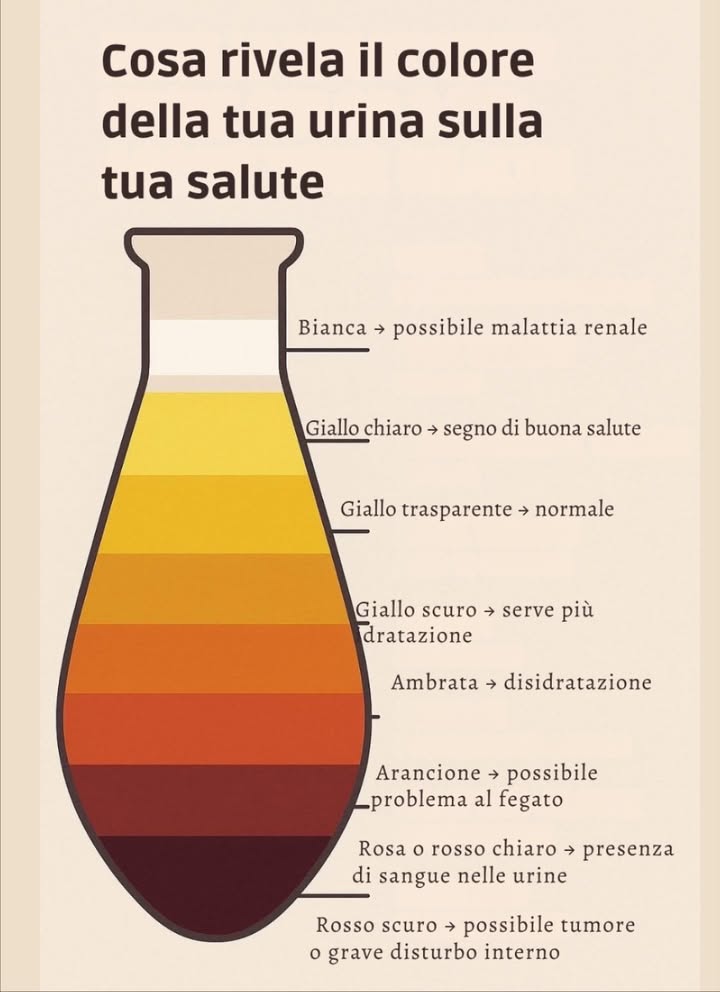 Cosa rivela il colore della tua urina sulla tua salute 
 Bianca  possibile malattia renale
 Giallo chiaro  segno di buona salute
 Giallo trasparente  normale
 Giallo scuro  serve più idratazione
 Ambrata  disidratazione
李 Arancione  possibile problema al fegato
 Rosa o rosso chiaro  presenza di sangue nelle urine
 Rosso scuro  possibile tumore o grave disturbo interno
 Il colore dellurina è un indicatore semplice ma utile dello stato di salute e del livello di idratazione. Bere acqua a sufficienza e consultare un medico se i cambiamenti persistono.