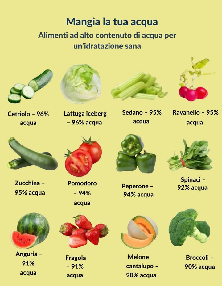 Bevi la tua acqua
Rimani idratato in modo delizioso con questi alimenti ricchi di acqua!

 Cetriolo e Lattuga Iceberg 96% acqua  Croccanti, freschi e ideali per le insalate.
 Sedano e Ravanelli 95% acqua  Uno spuntino intelligente e idratante.
 Pomodori e Peperoni 94% acqua  Ingredienti succosi indispensabili in ogni pasto.
 Spinaci 92% acqua  Una verdura a foglia potente e idratante.
 Anguria e Fragole 91% acqua  Bocconi dolci che placano la sete.
 Melone e Broccoli 90% acqua  Perfetti per spuntini e contorni.

 Consiglio: Consumare spesso questi alimenti ti aiuta a sentirti energico e fresco tutto il giorno.