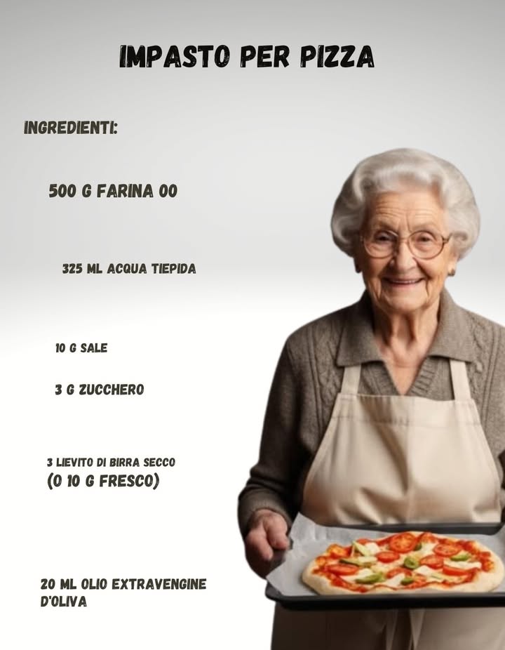 Impasto per Pizza 

Ingredienti:
– 500 g farina 00
– 325 ml acqua tiepida
– 10 g sale
-3 g zucchero
-3 g lievito di birra secco o 10 g fresco
-20 ml olio extravergine doliva

Preparazione:
1. Sciogliere il lievito e lo zucchero nellacqua.
2. Aggiungere la farina poco alla volta e impastare.
3. Unire sale e olio, continuare a lavorare fino a ottenere un panetto liscio.
4. Coprire e lasciar lievitare 2-3 ore o fino al raddoppio.
5. Stendere limpasto, condire e cuocere a 220C per 12-15 minuti.

Pizza fatta in casa soffice e fragrante!
