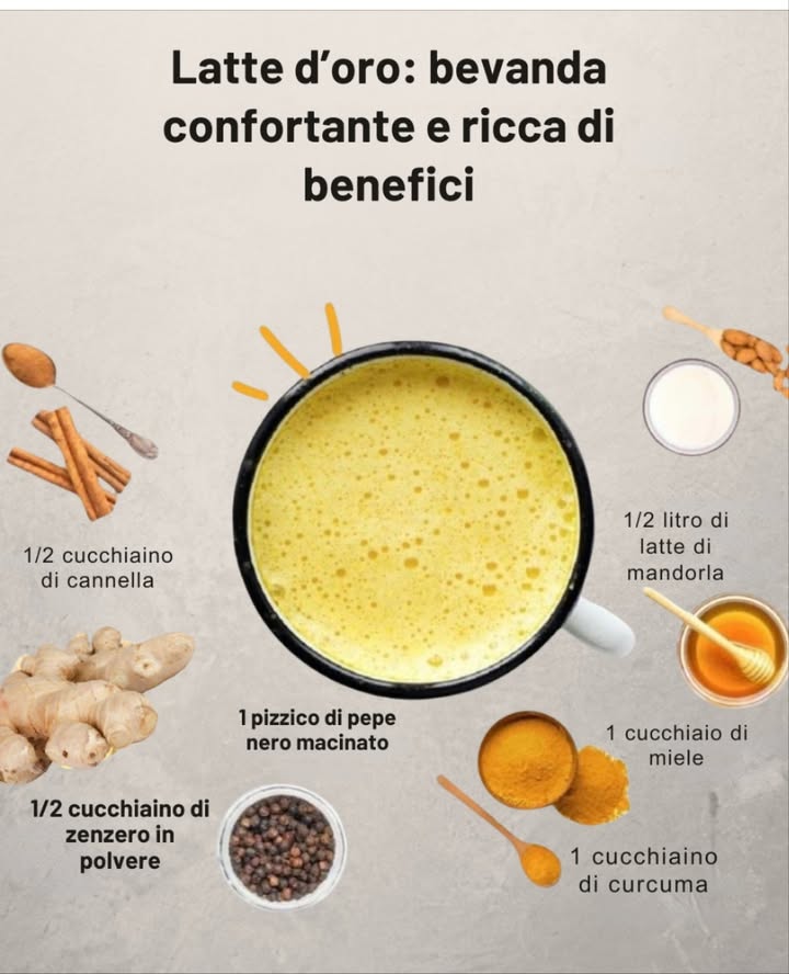 Latte doro: una bevanda confortante e ricca di benefici 
 Rafforza il sistema immunitario e riduce le infiammazioni
律 Rilassa il corpo e favorisce il sonno
 Ricca di antiossidanti e composti antinfiammatori
 Ingredienti naturali per prenderti cura della tua salute:
拏 500 ml di latte di mandorla
 1 cucchiaino di miele
 1 cucchiaino di curcuma
 Un pizzico di pepe nero macinato
李 1/2 cucchiaino di zenzero in polvere
 1/2 cucchiaino di cannella
 Scalda delicatamente e goditi un elisir dorato pieno di vitalità.