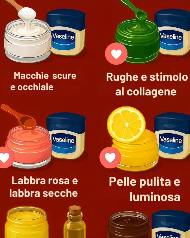 18 modi geniali per usare la vaselina nella bellezza e nella vita quotidiana… 
 18 Usi Geniali della Vaselina per Bellezza e Vita Quotidiana

La Vaselina gelatina di petrolio è uno dei prodotti più versatili ed economici da avere in casa. Oltre a idratare labbra e pelle secca, può trasformarsi in un rimedio multiuso per viso, capelli, mani e persino profumi!

 Bellezza Naturale

1 Macchie scure e occhiaie
 Mescola Vaselina con un po di gel daloe o olio di vitamina E.
Applica di notte sulle zone scure.
 Illumina e uniforma lincarnato.

2 Antirughe e effetto collagene
 Combina Vaselina con gel daloe o una goccia di olio di rosa canina.
Applica intorno agli occhi o alle labbra prima di dormire.

3 Labbra rosa e morbide
 Aggiungi qualche goccia di succo di barbabietola o colorante alimentare rosa.
 Idrata e dona colore naturale.

4 Pelle luminosa
 Mescola Vaselina con poche gocce di limone, lascia agire 1015 min e risciacqua.
 Risveglia la luminosità del viso.

5 Crescita sopracciglia
 Unisci Vaselina e olio di ricino. Applica ogni sera con uno scovolino pulito.

6 Esfoliante corpo o viso
 Mischia con cacao o caffè macinato. Massaggia delicatamente e risciacqua.

禮 Cura del Corpo e dei Capelli

7 Talloni screpolati
 Spalma un abbondante strato, copri con calzini e lascia agire tutta la notte.

8 Ciglia forti e lucide
 Applica con uno scovolino prima di dormire.

9 Mani setose
 Stendi Vaselina e indossa guanti di cotone durante la notte.

10 Struccante delicato
 Passa con un dischetto di cotone su occhi o labbra e poi risciacqua.

11 Scrub labbra
 Mescola Vaselina e zucchero, massaggia e risciacqua.

12 Cuticole e unghie
 Massaggia ogni sera per ammorbidire e rinforzare.

13 Controlla il crespo
 Scalda una piccola quantità tra le mani e passa sulle punte.

14 Fissatore per profumo
 Applica un velo sui punti pulsanti prima di spruzzare la fragranza: dura più a lungo.

15 Dopobarba naturale
 Calma la pelle di gambe e ascelle dopo la rasatura.

16 Illuminante viso
 Picchietta su zigomi e arcate sopracciliari per un effetto glow naturale.

17 Sollievo per naso secco
 Stendi una minima quantità allinterno delle narici nei periodi freddi o allergici.

18 Fissatore per sopracciglia
 Pettinale con un velo di Vaselina per tenerle in ordine tutto il giorno.

 Conclusione
La Vaselina è un alleato economico e multifunzionale: idrata, protegge e valorizza la bellezza naturale.
Provala con ingredienti naturali come aloe, miele o olio di ricino per risultati ancora più efficaci.

 Esegui sempre una prova su una piccola area di pelle prima delluso. Evita lapplicazione su ferite aperte o acne attiva.