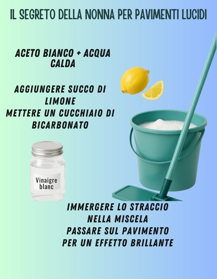 什 Il segreto della nonna per pavimenti che brillano 什

1 Mescola aceto bianco con acqua calda. Lodore è un po forte, ma funziona davvero!

2 Spremi un po di succo di limone per un tocco fresco. E no, non è per la tua limonata 

3 Aggiungi un cucchiaio di bicarbonato. Attenzione, fa schiuma: niente panico!

4 Immergi lo straccio nel composto come un vero chef. Se dimentichi di strizzarlo bene ciao piscina in casa!

5 Passa sul pavimento e ammira leffetto brillante. Rischi perfino di specchiarti!
