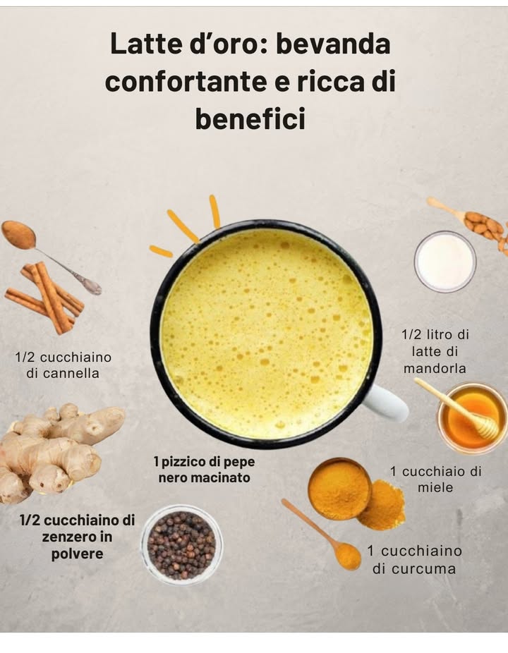 Latte doro: una bevanda confortante e ricca di benefici 

 Rafforza il sistema immunitario e riduce le infiammazioni
律 Rilassa il corpo e favorisce il sonno
 Ricca di antiossidanti e composti antinfiammatori
 Ingredienti naturali per prenderti cura della tua salute:

拏 500 ml di latte di mandorla
 1 cucchiaino di miele
 1 cucchiaino di curcuma
 Un pizzico di pepe nero macinato
李 1/2 cucchiaino di zenzero in polvere
 1/2 cucchiaino di cannella

 Scalda delicatamente e goditi un elisir dorato pieno di vitalità.