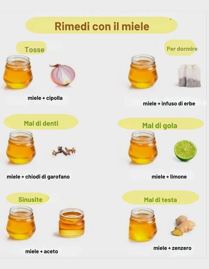Il dolce rimedio della natura: curarsi con il miele 
蠟 Tosse
Miele  cipolla
 Rimedio tradizionale: lascia macerare cipolla tritata nel miele per una notte e prendi un cucchiaio per calmare la gola e ridurre la tosse.
 Sonno
Miele  tisana alle erbe
 Sciogli un cucchiaio di miele in una tisana calda di camomilla o lavanda per rilassare corpo e mente prima di dormire. Dolci sogni. 
 Mal di denti
Miele  chiodo di garofano
 Potente analgesico naturale: mescola miele con chiodo di garofano macinato e applica sulla zona dolorante per alleviare il dolore.