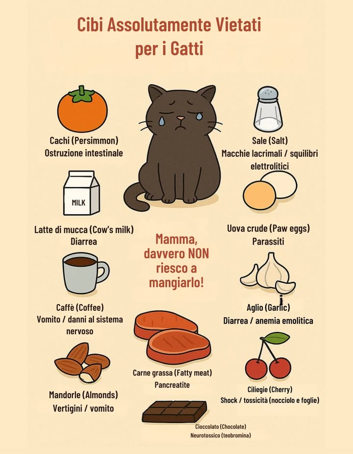 Cibi Assolutamente Vietati per i Gatti

Cachi Persimmon
Possono causare ostruzioni intestinali a causa dei semi e delle fibre dure.

Sale Salt
Può provocare squilibri elettrolitici e irritazioni come macchie lacrimali.

Latte di mucca Cows milk
Spesso causa diarrea per lintolleranza al lattosio tipica dei gatti adulti.

Uova crude Raw eggs
Rischio di parassiti e contaminazioni batteriche.

Caffè Coffee
Può indurre vomito e danni al sistema nervoso a causa della caffeina.

Aglio Garlic
Responsabile di diarrea, vomito e anemia emolitica anche in piccole quantità.

Mandorle Almonds
Possono provocare vertigini, vomito e disturbi gastrointestinali.

Carne grassa Fatty meat
Favorisce pancreatite e infiammazioni del tratto digestivo.

Ciliegie Cherry
Il nocciolo e le foglie contengono sostanze tossiche che possono causare shock e avvelenamento.

Cioccolato Chocolate
Contiene teobromina, un neurotossico molto pericoloso per i gatti.