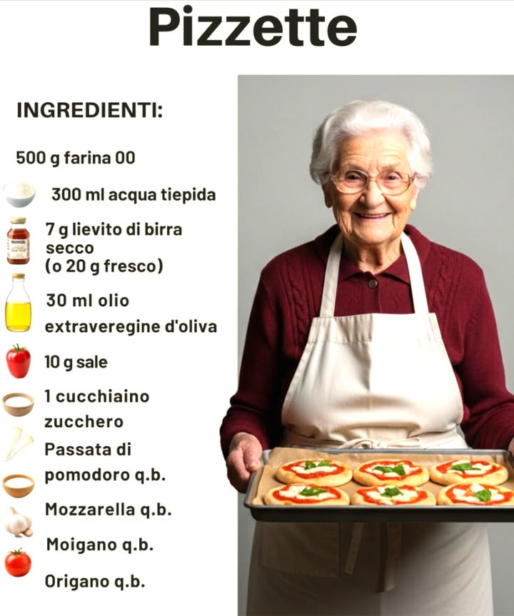 Pizzette 

Ingredienti:
 500 g farina 00
 300 ml acqua tiepida
 7 g lievito di birra secco o 20 g fresco
 30 ml olio extravergine doliva
 10 g sale
 1 cucchiaino zucchero
 Passata di pomodoro q.b.
 Mozzarella q.b.
 Origano q.b.

Preparazione:
1. Sciogli il lievito e lo zucchero nellacqua.
2. Aggiungi farina, poi sale e olio; impasta fino a ottenere un panetto liscio.
3. Lascia lievitare 2 ore.
4. Stendi limpasto e ricava dischetti con un coppapasta.
5. Condisci con pomodoro, mozzarella e origano.
6. Cuoci a 200C per 12-15 minuti.

Buon appetito!