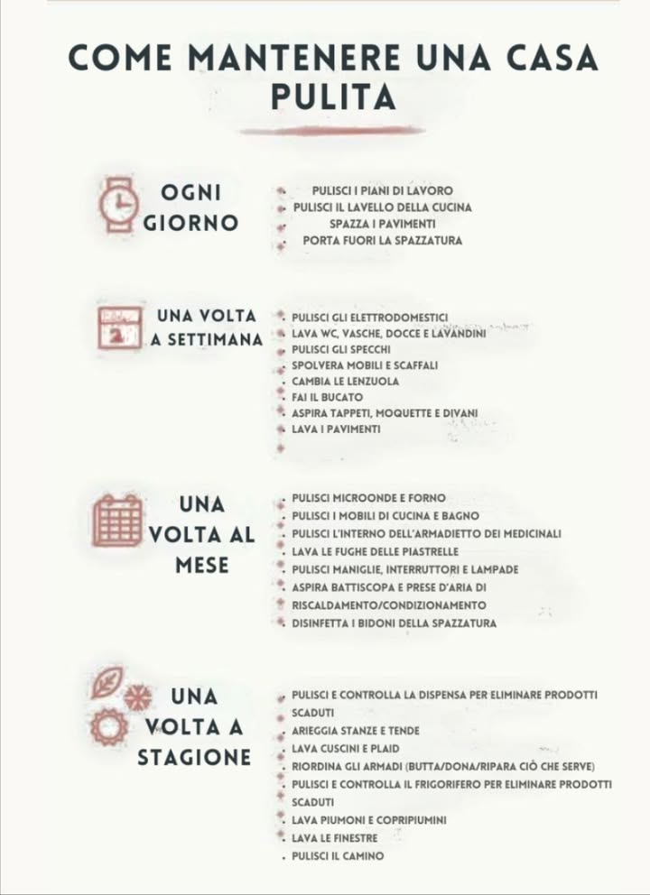 Una casa pulita si mantiene con piccole abitudini quotidiane, settimanali e stagionali.
Ricorda: lordine riduce lo stress e migliora la salute.
Pulire con costanza è più facile che fare grandi fatiche dopo.