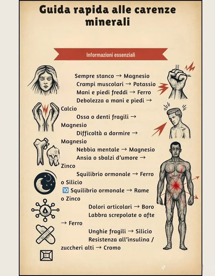 易 Guida rapida alle carenze minerali 

 Informazioni essenziali

 Sempre stanco  Magnesio
 Crampi muscolari  Potassio
理 Mani e piedi freddi  Ferro
爐 Debolezza a mani e piedi  Calcio
醴 Ossa o denti fragili  Magnesio
 Difficoltà a dormire  Magnesio
 Nebbia mentale  Magnesio
 Ansia o sbalzi dumore  Zinco
 Squilibrio ormonale  Ferro o Silicio
 Squilibrio ormonale  Rame o Zinco
例 Dolori articolari  Boro
 Labbra screpolate o afte  Ferro
 Unghie fragili  Silicio
 Resistenza allinsulina / zuccheri alti  Cromo

 Una carenza minerale può influenzare energia, umore e salute generale  ascolta il tuo corpo.