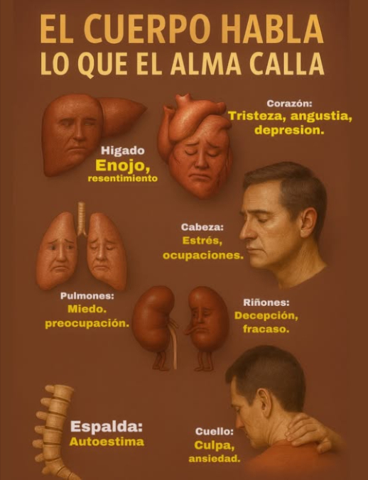 易 El cuerpo habla lo que el alma calla:
Alguna vez te has preguntado por qué te duele el cuello sin razón aparente? Por qué tu espalda se tensa aunque no hayas hecho esfuerzo físico? Nuestro cuerpo es más sabio de lo que creemos. Cada órgano, cada músculo, cada dolor puede ser un mensaje emocional que aún no hemos escuchado.
La medicina ancestral y la psicología moderna coinciden en algo esencial: las emociones no expresadas se alojan en el cuerpo. Y cuando no las atendemos, se manifiestan como malestar físico.
 Aquí algunas conexiones reveladoras:
– El hígado guarda el enojo, el coraje reprimido y el resentimiento.
– El corazón sufre con la tristeza profunda, la angustia y la depresión.
– Los pulmones se tensan con el miedo y la preocupación excesiva.
– La cabeza se sobrecarga con el estrés y las responsabilidades que no delegamos.
– Los riñones reflejan la decepción, el fracaso y la ira contenida.
– La espalda y los huesos se debilitan cuando falta amor propio y autoestima.
– El bazo se entristece con la melancolía y la preocupación constante.
– El cuello se endurece con la culpa, la ansiedad y la autoexigencia.
 Dime qué te duele y te diré qué emoción necesitas liberar.
Este mapa emocional no busca reemplazar la medicina, sino complementarla. Nos invita a mirar hacia adentro, a preguntarnos qué sentimos, qué callamos, qué necesitamos sanar. 
Porque cuando escuchamos al cuerpo con compasión, también empezamos a sanar el alma.