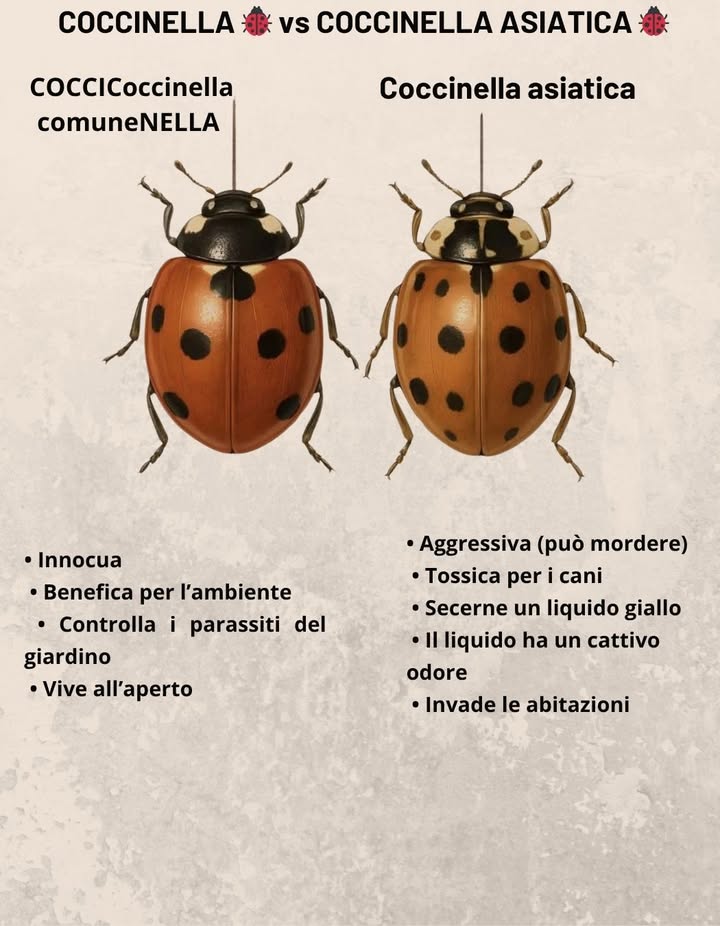 Coccinella vs. Coccinella asiatica: impara a distinguerle

 Coccinella specie autoctona
 Innocua e benefica
 Amica dellambiente
 Controlla i parassiti del giardino
 Vive preferibilmente allaperto

 Coccinella asiatica specie invasiva
 Aggressiva: può mordere
 Pericolosa per i cani
 Emette un liquido giallo dallodore sgradevole
 Si rifugia nelle case durante il freddo

 Proteggi il tuo giardino e la tua casa conoscendo queste piccole alleate o nemiche.