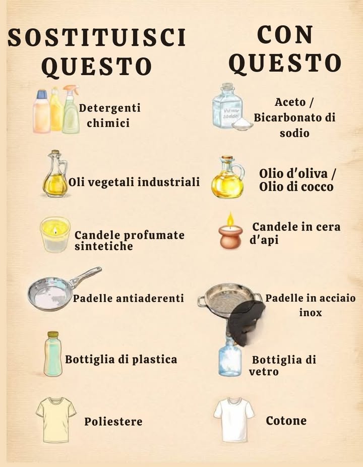 SOSTITUISCI QUESTO  CON QUESTO 
林 Detergenti chimici
 Aceto / Bicarbonato di sodio

 Oli vegetali industriali
 Olio doliva / Olio di cocco

 Candele profumate sintetiche
 Candele in cera dapi

 Padelle antiaderenti
 Padelle in acciaio inox

磻 Bottiglia di plastica
 Bottiglia di vetro

 Poliestere
 Cotone

 Piccoli cambiamenti, grande impatto sulla salute e sullambiente.