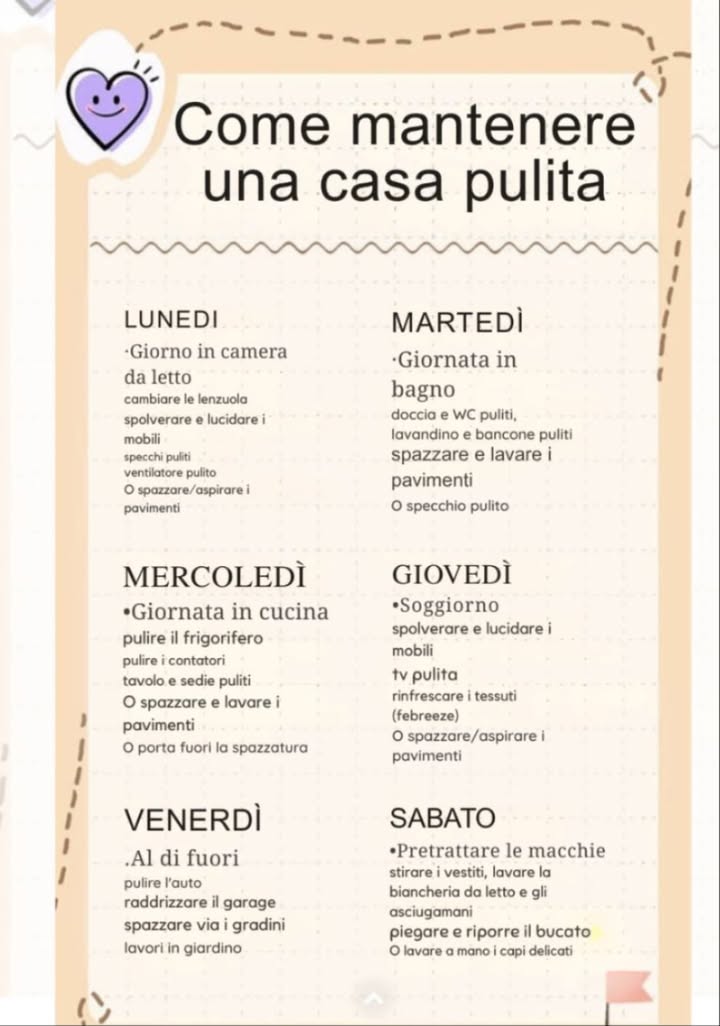 Come mantenere una casa pulita tutta la settimana 粒
Una routine semplice per vivere in un ambiente ordinato e rilassante!
 LUNEDÌ  Camera da letto
 Cambia le lenzuola
 Spolvera mobili e specchi
 Aspira o lava i pavimenti
 MARTEDÌ  Bagno
 Pulisci doccia, WC e lavandino
 Lava i pavimenti
 Lucida lo specchio
 MERCOLEDÌ  Cucina
 Pulisci frigo, contatori e tavolo
 Lava pavimenti
 Porta fuori la spazzatura
 GIOVEDÌ  Soggiorno
 Spolvera mobili e TV
 Rinfresca i tessuti
 Aspira o lava i pavimenti
 VENERDÌ  Esterni
 Pulisci lauto, il garage e i gradini
 Cura il giardino
 SABATO  Bucato e dettagli
 Pretratta le macchie
 Lava e piega il bucato
 Stiratura e ordine