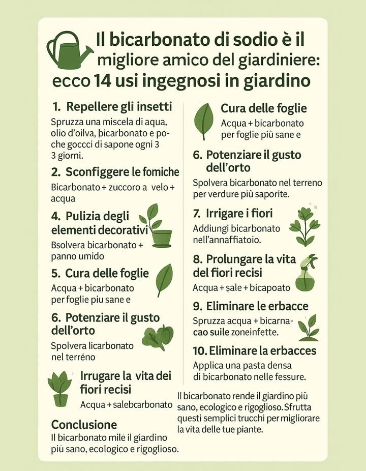 Il bicarbonato di sodio è il migliore amico del giardiniere: ecco 14 usi ingegnosi in giardino
1. Repellere gli Insetti: Mescola un litro dacqua, una cucchiaiata di olio doliva, due cucchiaiate di bicarbonato di sodio e alcune gocce di sapone liquido in uno spruzzatore. Spruzza questa miscela ogni tre giorni per proteggere il tuo giardino in modo ecologico dagli insetti.
2. Sconfiggere le Formiche: Mescola cinque cucchiaini di bicarbonato di sodio con cinque cucchiaini di zucchero a velo e una cucchiaiata dacqua. Versa questa miscela sui formicai per eliminare le formiche.
3. Combattere i Gusanos: Mescola farina e lievito in polvere in parti uguali e spolvera questa miscela sulle colture per sconfiggere i gusanos della col.
4. Pulizia degli Elementi Decorativi: Spolvera bicarbonato di sodio sugli elementi decorativi del tuo giardino e passa un panno umido per pulirli efficacemente.
5. Cura delle Foglie delle Piante: Prenditi cura delle foglie delle piante con una miscela di acqua e bicarbonato per foglie più sane e luminose.
6. Potenziare il Gusto dellOrto: Spolvera bicarbonato di sodio nel terreno per rendere le verdure più saporite e succose.
7. Irrigare i Fiori: Aggiungi bicarbonato di sodio allacqua nella tua annaffiatoio per fiori più luminosi e sani.
8. Prolungare la Vita dei Fiori: Per prolungare la vita dei bouquet in casa, immergi i fiori in un vaso con acqua, una spruzzata di sale e bicarbonato.
9. Eliminare Funghi e Muffe: Spruzza una soluzione di acqua e bicarbonato sulle zone infette per eliminare funghi e muffe.
10. Sbarazzarsi delle Malas Herbas: Applica una pasta densa di bicarbonato nelle fessure per eliminare le erbacce.
Con il bicarbonato di sodio, puoi trasformare il tuo giardino in uno spazio più sano, ecologico e rigoglioso. Utilizza questi semplici trucchi per migliorare la vita delle tue piante e contribuire al benessere del tuo ambiente verde.