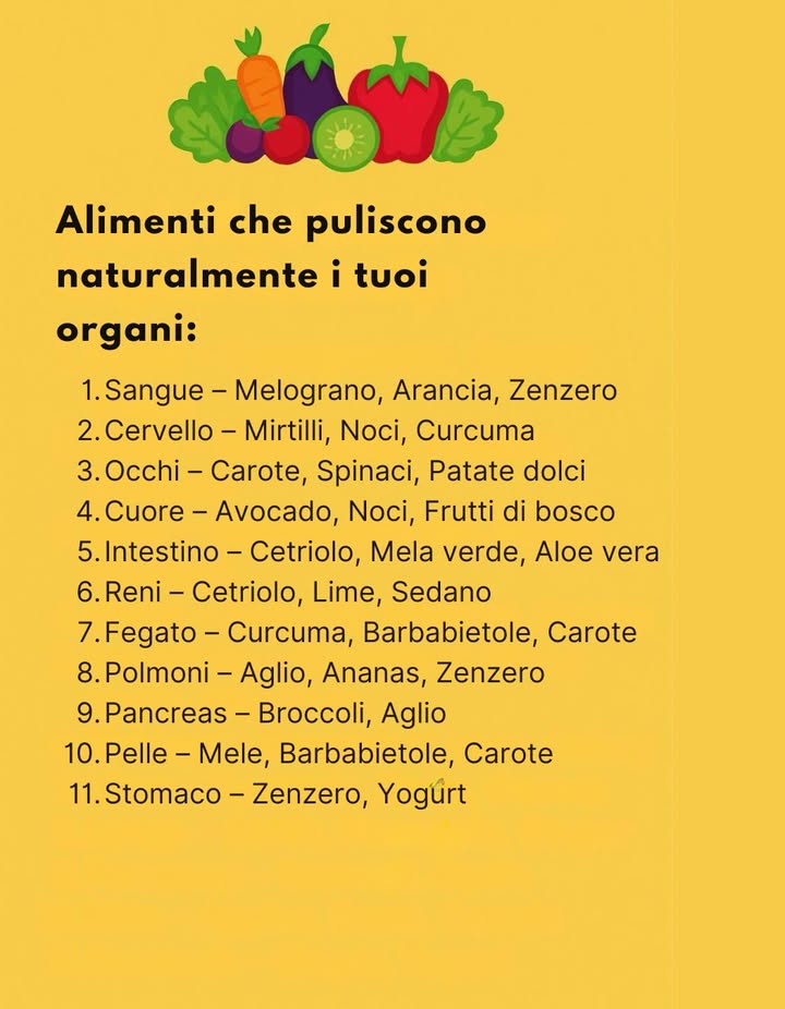 Interessantissimo! Una lista semplice ma potente di alimenti che aiutano a depurare naturalmente i nostri organi. 復
Integrare frutta, verdura e spezie nella dieta quotidiana non solo migliora la salute, ma aiuta anche a prevenire tante problematiche. 
Un promemoria prezioso per prenderci cura del corpo in modo naturale!