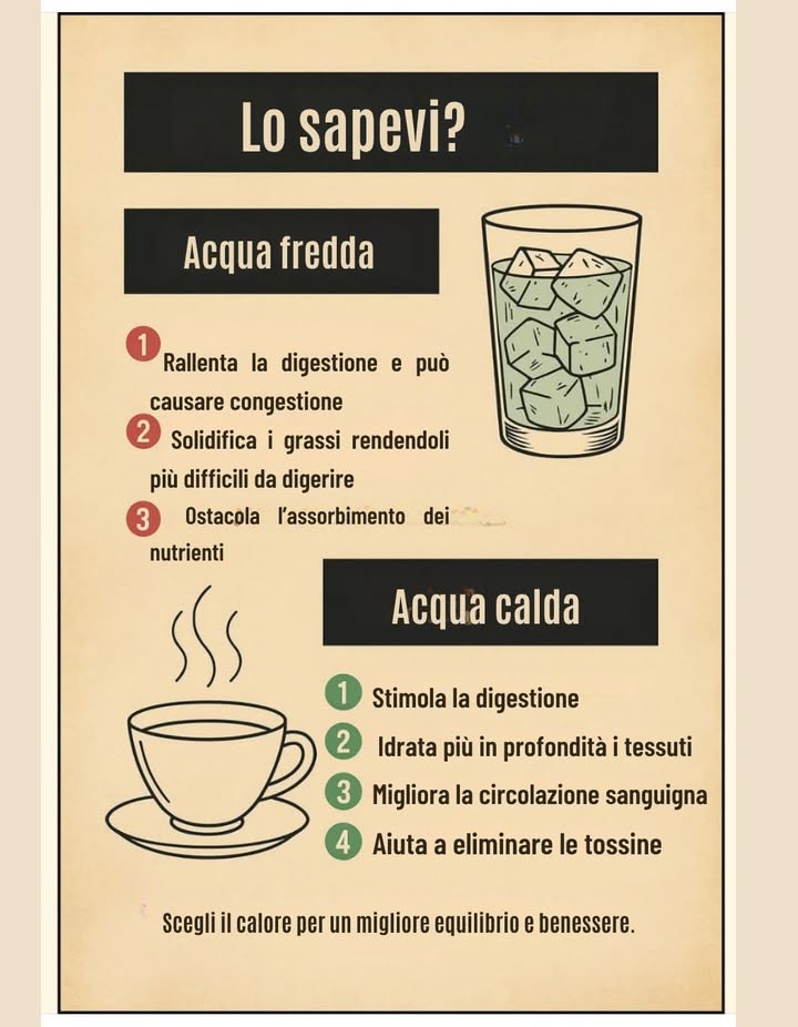 Lo sapevi? 

Acqua fredda 流

1 Rallenta la digestione e può causare congestione
2 Solidifica i grassi rendendoli più difficili da digerire
3 Ostacola lassorbimento dei nutrienti

Acqua calda 

1 Stimola la digestione
2 Idrata più in profondità i tessuti
3 Migliora la circolazione sanguigna
4 Aiuta a eliminare le tossine

 Scegli la temperatura dellacqua per un migliore equilibrio e benessere quotidiano.
