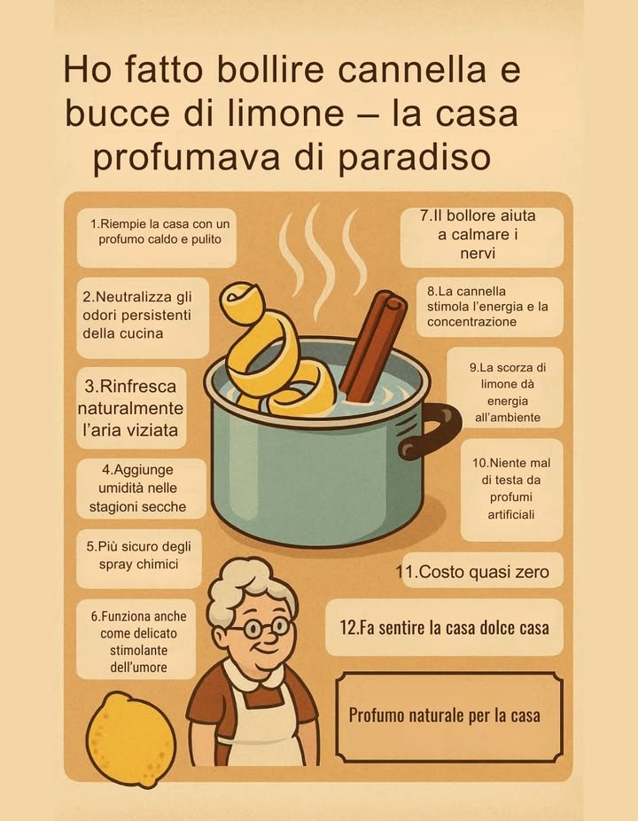 Cannella e Bucce di Limone: Profumo Naturale per la Casa 

Riempie la casa con un profumo caldo e pulito

Neutralizza gli odori persistenti della cucina

Rinfresca naturalmente laria viziata

Aggiunge umidità nelle stagioni secche

Più sicuro degli spray chimici

Delicato stimolante dellumore

Il bollore aiuta a calmare i nervi

La cannella stimola energia e concentrazione

La scorza di limone dà energia allambiente

Niente mal di testa da profumi artificiali

Costo quasi zero

Fa sentire la casa dolce casa

 Un rimedio semplice, naturale e profumato per rendere lambiente accogliente e salutare.