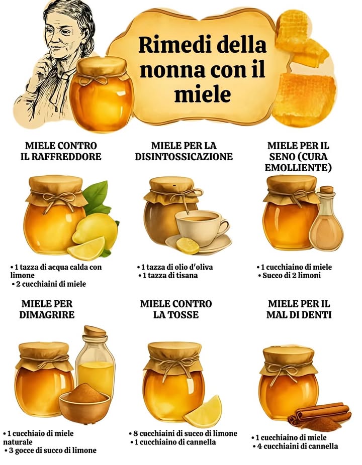 Rimedi della nonna con il miele  Tradizione, natura e benessere in un solo cucchiaino 

Il miele è uno dei rimedi naturali più antichi e preziosi. Grazie alle sue proprietà antibatteriche, lenitive e nutritive, è un alleato perfetto per piccoli disturbi quotidiani. Ecco come usarlo, secondo la saggezza popolare:

蠟 Miele contro il raffreddore
 1 tazza di acqua calda con limone
 2 cucchiaini di miele
 Lenisce la gola e stimola il sistema immunitario.

𥳐 Miele per la disintossicazione
 1 tazza di tisana  1 tazza di olio doliva
 Favorisce la depurazione dellorganismo e migliora la digestione.

 Miele per il seno cura emolliente
 1 cucchiaino di miele
 Succo di 2 limoni
 Ammorbidisce la pelle e dona sollievo.

 Miele per dimagrire
 1 cucchiaio di miele naturale
 3 gocce di succo di limone
 Stimola il metabolismo e riduce la fame nervosa.

 Miele contro la tosse
 8 cucchiaini di succo di limone
 1 cucchiaino di cannella
 Calma la tosse secca e libera le vie respiratorie.

醴 Miele per il mal di denti
 1 cucchiaino di miele
 4 cucchiaini di cannella
 Azione antibatterica e analgesica naturale.

 Tutti questi rimedi sono pensati per un uso occasionale e non sostituiscono il parere medico. Sempre meglio scegliere miele grezzo e biologico per massimizzare i benefici.