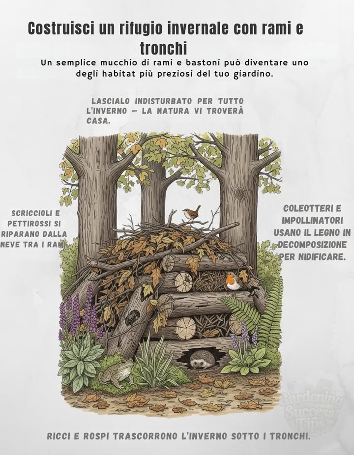 Costruisci un Rifugio Invernale con un Mucchio di Rami 

Un semplice mucchio di bastoni e rami può diventare uno degli habitat più preziosi del tuo giardino.

Come costruirlo:
 Posiziona alla base tronchi o rami più grandi per creare spazi daria.
 Aggiungi sopra rametti medi e più piccoli.
 Riempì gli spazi con foglie, corteccia e paglia.
 Sistemalo in un angolo tranquillo e ombreggiato.

Chi vi troverà casa:
 Scriccioli, pettirossi e passeri si riparano da vento e neve.
 Rospi, rane e piccoli mammiferi svernano al sicuro allinterno.
 Coleotteri e impollinatori sfruttano il legno in decomposizione per nidificare.

 Lascialo indisturbato per tutto linverno: in primavera diventerà un piccolo ecosistema vivo, che ricicla nutrienti e sostiene la fauna selvatica.