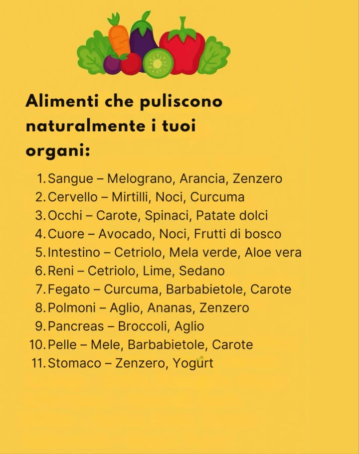 Interessantissimo! Una lista semplice ma potente di alimenti che aiutano a depurare naturalmente i nostri organi. 復
Integrare frutta, verdura e spezie nella dieta quotidiana non solo migliora la salute, ma aiuta anche a prevenire tante problematiche. 
Un promemoria prezioso per prenderci cura del corpo in modo naturale!