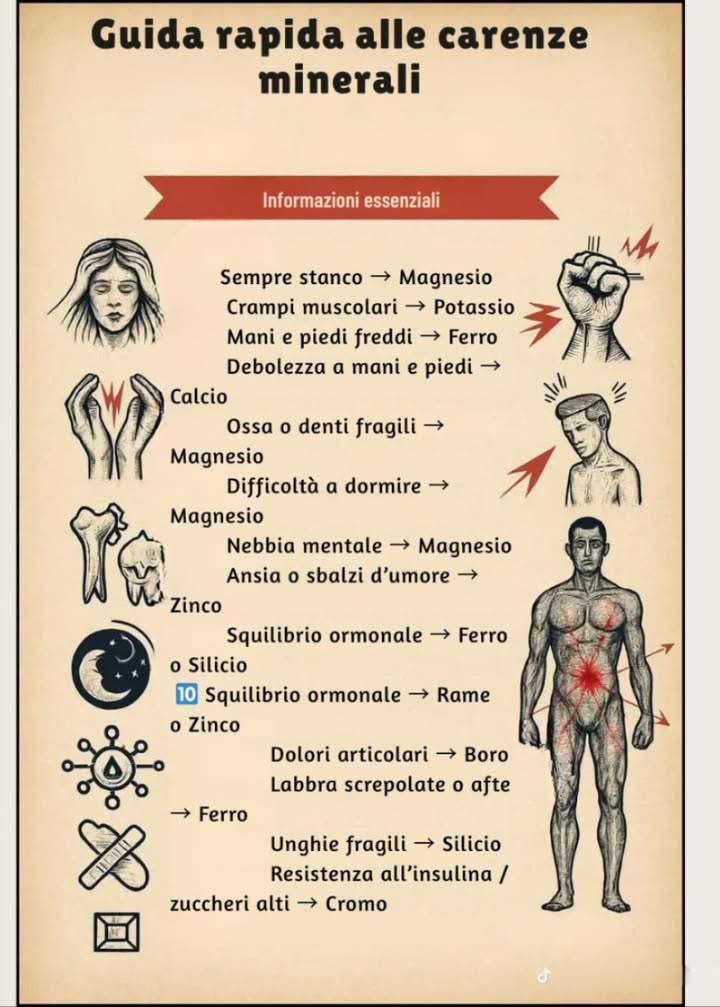 易 Guida rapida alle carenze minerali 
 Informazioni essenziali
 Sempre stanco  Magnesio
 Crampi muscolari  Potassio
理 Mani e piedi freddi  Ferro
爐 Debolezza a mani e piedi  Calcio
醴 Ossa o denti fragili  Magnesio
 Difficoltà a dormire  Magnesio
 Nebbia mentale  Magnesio
 Ansia o sbalzi dumore  Zinco
 Squilibrio ormonale  Ferro o Silicio
 Squilibrio ormonale  Rame o Zinco
例 Dolori articolari  Boro
 Labbra screpolate o afte  Ferro
 Unghie fragili  Silicio
 Resistenza allinsulina / zuccheri alti  Cromo
 Una carenza minerale può influenzare energia, umore e salute generale  ascolta il tuo corpo.
