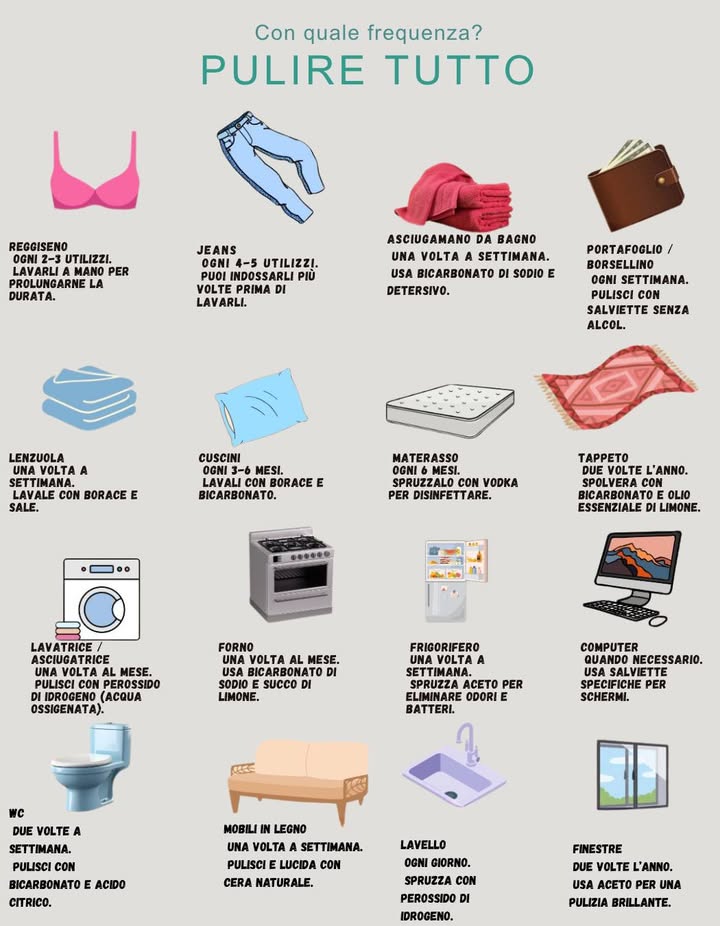 Frequenza consigliata per la pulizia di ogni cosa