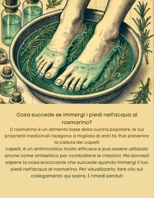 禮 Immergi i Piedi nel Rosmarino: Un Rimedio Naturale Sorprendente 禮
Il rosmarino non è solo unaromatica da cucina: è anche un potente alleato per la salute dei piedi e del corpo.
 Benefici dellinfusione di piedi nel rosmarino:
 Antifungino e antibatterico naturale
Grazie allacido carnosico e rosmarinico, combatte funghi come piede datleta e onicomicosi, oltre a batteri cutanei.
 Confermato da studi pubblicati su “Phytotherapy Research”.
 Stimola la circolazione
Un pediluvio caldo al rosmarino migliora il flusso sanguigno, allevia piedi freddi, gonfiore e stanchezza.
 Potenzia con sale marino o sali di Epsom.
 Allevia dolori muscolari e articolari
Le sue proprietà antinfiammatorie lo rendono ideale per dolori, crampi e rigidità. Perfetto dopo una lunga giornata.
 Rilassa il sistema nervoso
Il profumo del rosmarino riduce il cortisolo e favorisce la calma. Ottimo rituale serale.
 Deodora naturalmente
Rinfresca ed elimina i batteri responsabili dei cattivi odori. Piedi puliti e rivitalizzati.
 Come preparare il pediluvio al rosmarino:
 2 cucchiai di rosmarino secco o rametti freschi
 1 litro di acqua calda
 Lascia in infusione 1015 minuti
 Immergi i piedi per 20 minuti
 Facoltativo: aggiungi sale marino o olio essenziale di tea tree