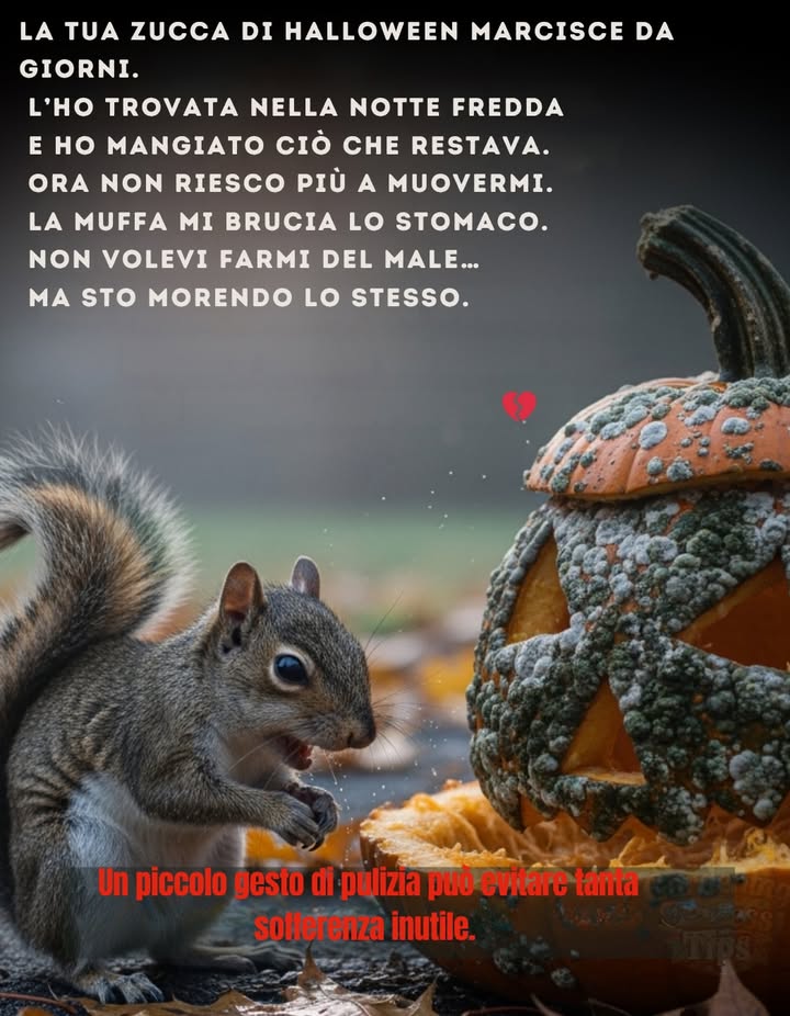 Quando le zucche intagliate restano allaperto troppo a lungo,
sviluppano muffe e batteri tossici per la fauna selvatica.
Procioni, scoiattoli e opossum spesso ne mangiano i resti
e si ammalano di intossicazione da muffa o problemi digestivi. 劣

Per proteggerli:
 Rimuovi le zucche intagliate dopo pochi giorni
 Compostale o smaltiscile in modo sicuro se sono ammuffite
 Offri solo scarti freschi se vuoi nutrire intenzionalmente la fauna

Un piccolo gesto di pulizia può evitare molte sofferenze. 
#SicurezzaZucche #PuliziaHalloween #ProteggiLaFauna