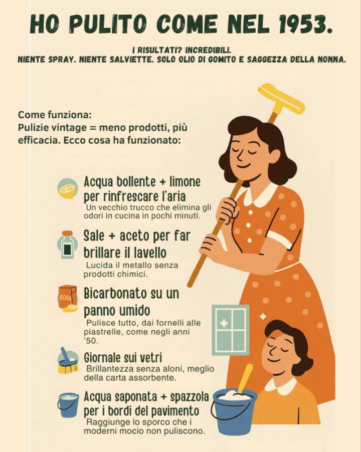 Pulire come nel 1953: i trucchi vintage che funzionano ancora oggi 
 Niente spray chimici, niente salviette usa e getta. Solo olio di gomito, saggezza della nonna e prodotti naturali!
 Acqua bollente  limone: profuma e rinfresca laria in pochi minuti.
 Sale  aceto: fa brillare il lavello senza prodotti aggressivi.
 Bicarbonato  panno umido: perfetto per piastrelle, fornelli e superfici.
 Giornale sui vetri: pulizia senza aloni, meglio della carta assorbente.
 Acqua saponata  spazzola: raggiunge gli angoli del pavimento che il mocio non pulisce.
 Pulizie eco, semplici, efficaci. Come una volta, ma sempre attuali! 
#PulizieNaturali #TrucchiDellaNonna #EcoTips #CasaPulita