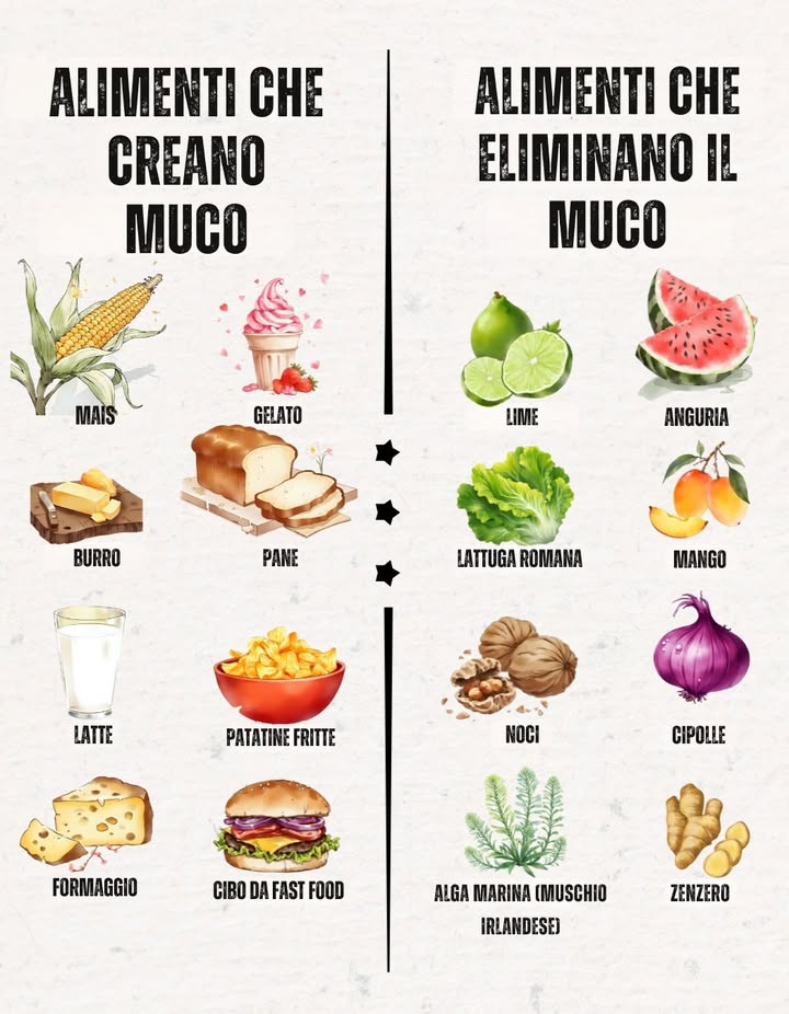 Alimenti che creano muco
 Evita o limita se vuoi ridurre la produzione di muco nel corpo:

Mais

Gelato

Burro

Pane

Latte

Patatine fritte

Noci

Formaggio

Cibo fast food

Alimenti che aiutano a eliminare il muco
 Includili per depurare e decongestionare in modo naturale:

Limoni

Anguria

Lattuga romana

Mango

Cipolle

Muschio marino

Zenzero
