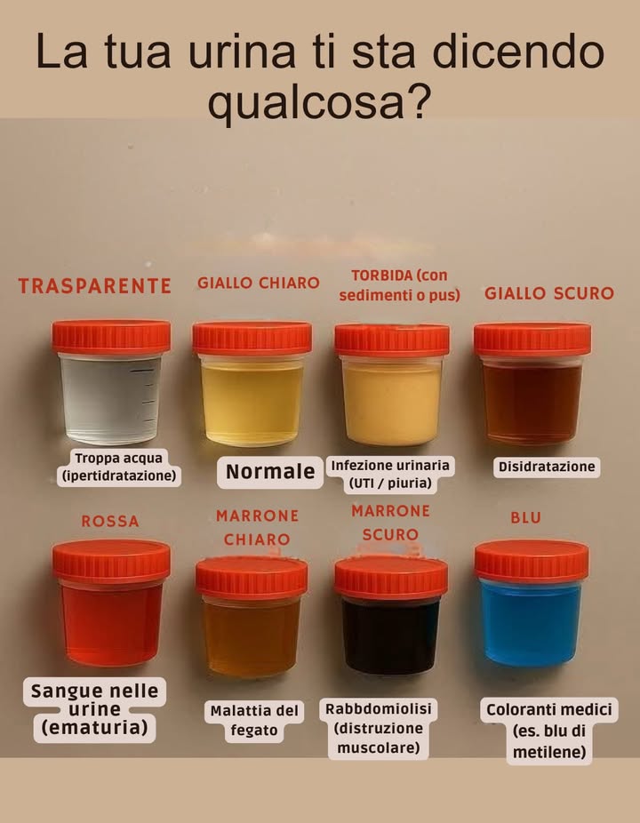 Cosa rivela il colore dellurina 
Il colore dellurina può indicare il livello di idratazione o segnalare eventuali problemi di salute.
Trasparente  Troppa acqua iperidratazione.
Giallo chiaro  Colore normale, indica una buona idratazione.
Torbida  Possibile infezione urinaria UTI o presenza di pus.
Giallo scuro  Segno di disidratazione.
Rossa  Presenza di sangue nelle urine ematuria.
Marrone chiaro  Possibile malattia del fegato.
Marrone scuro  Può indicare rabdomiolisi distruzione muscolare.
Blu  Effetto di coloranti o farmaci come il blu di metilene.