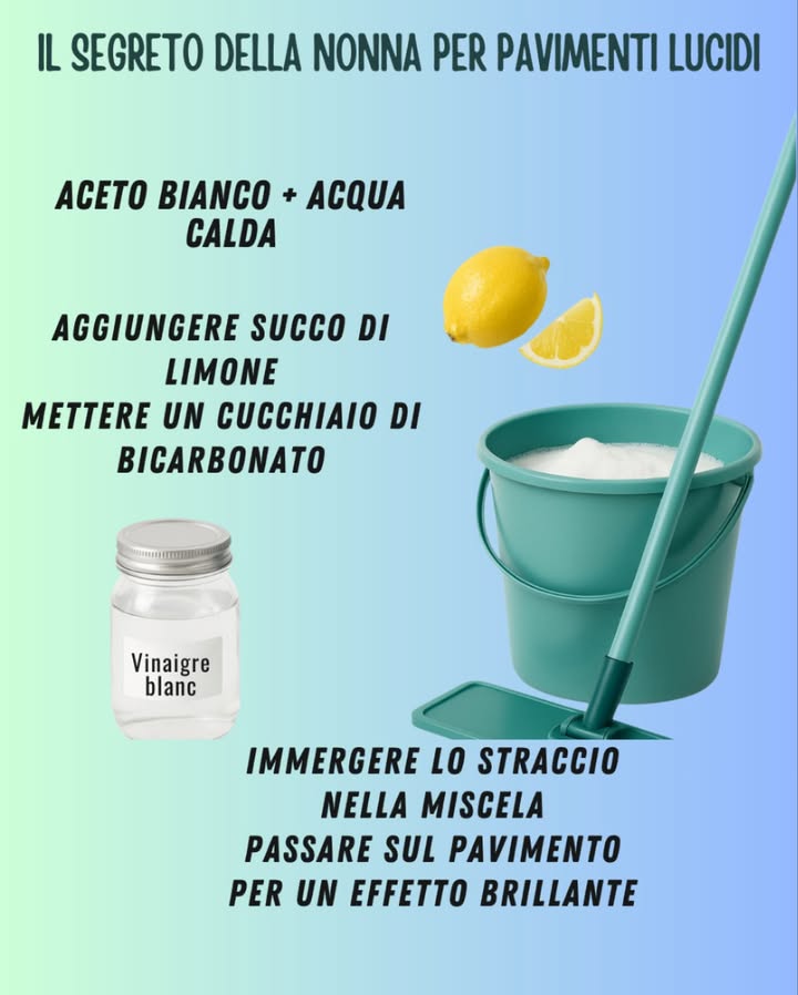 什 Il segreto della nonna per pavimenti che brillano 什
1 Mescola aceto bianco con acqua calda. Lodore è un po forte, ma funziona davvero!
2 Spremi un po di succo di limone per un tocco fresco. E no, non è per la tua limonata 
3 Aggiungi un cucchiaio di bicarbonato. Attenzione, fa schiuma: niente panico!
4 Immergi lo straccio nel composto come un vero chef. Se dimentichi di strizzarlo bene ciao piscina in casa!
5 Passa sul pavimento e ammira leffetto brillante. Rischi perfino di specchiarti!