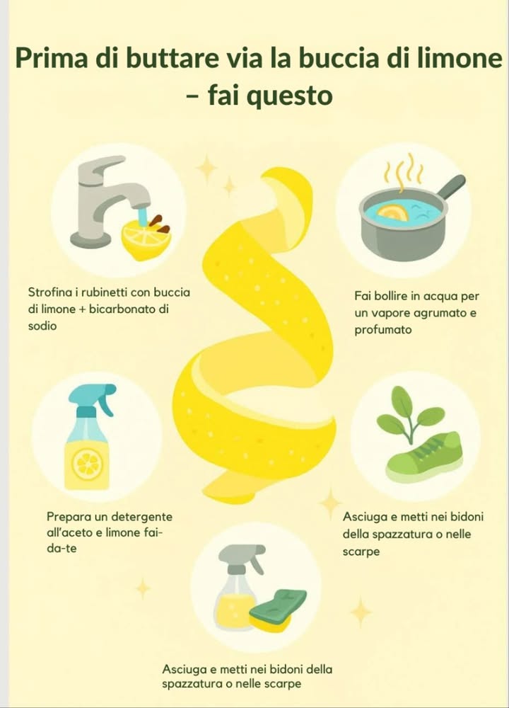 5 usi intelligenti della buccia di limone 

1 Lucidare i rubinetti  strofinali con buccia di limone  bicarbonato
2 Profumare la casa  fai bollire in acqua per un vapore agrumato
3 Detergente fai-da-te  aceto  limone per pulire e disinfettare
4 Elimina cattivi odori  asciuga e metti nei bidoni della spazzatura
5 Scarpe fresche  asciuga e inserisci nelle scarpe per assorbire umidità