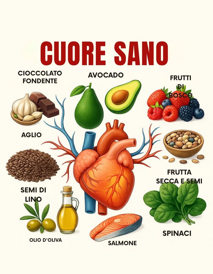 I 9 Migliori Alimenti per un Cuore Sano!
陋 Avocado  Ricco di grassi buoni che abbassano il colesterolo cattivo. Perfetto in insalate o sul pane tostato.
 Cioccolato fondente  Pieno di antiossidanti. Scegli quello con alto contenuto di cacao con moderazione!.
 Frutti di bosco  Ricchi di antiossidanti e antinfiammatori. Ottimi freschi o nei frullati.
龍 Aglio  Aiuta a ridurre la pressione e il colesterolo. Usalo spesso in cucina!
溺 Semi di lino  Ricchi di omega-3 e fibre. Aggiungili macinati a yogurt o frullati.
 Frutta secca e semi  Fonte di grassi sani e fibre. Ideali come snack, come mandorle e noci.
㮝 Olio doliva  Aiuta a mantenere il colesterolo sotto controllo. Perfetto per cucinare e condire.
 Salmone  Ricco di omega-3. Consuma pesce grasso 12 volte a settimana.
塞 Spinaci  Pieni di nutrienti benefici per il cuore. Aggiungili a insalate, zuppe o saltati in padella.