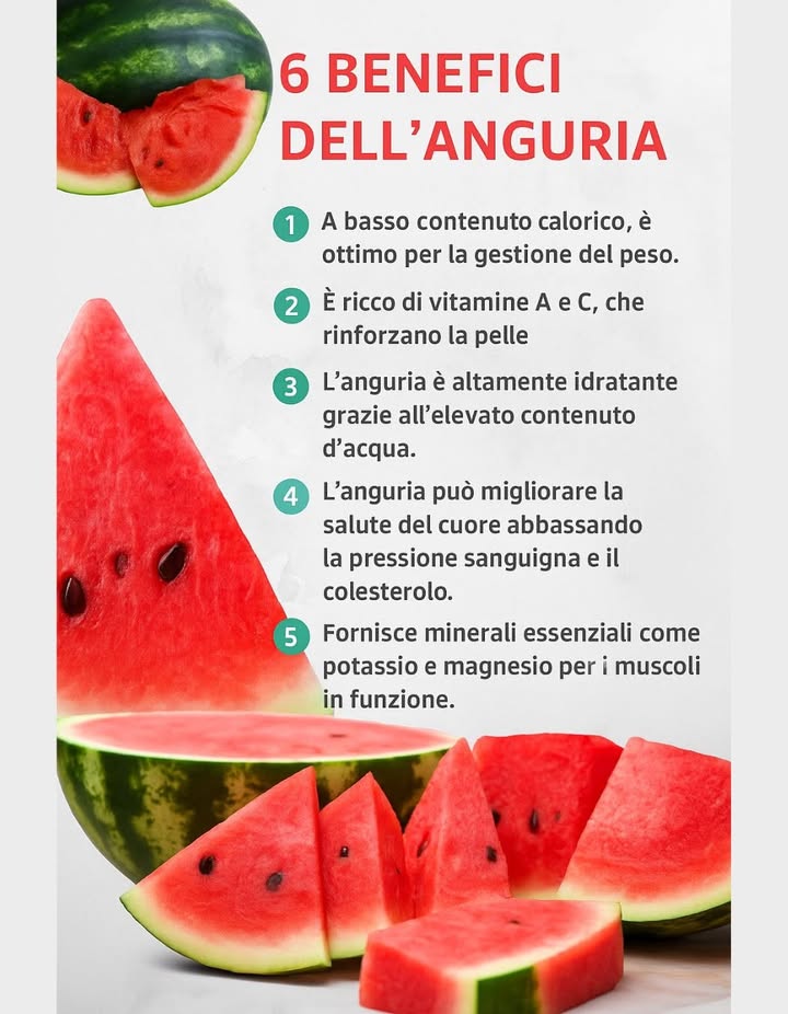 6 benefici sorprendenti dellanguria per il tuo benessere
Languria non è solo un frutto estivo dissetante, ma un vero alleato della salute! Grazie al suo altissimo contenuto dacqua, è ideale per mantenere lidratazione, soprattutto durante i mesi caldi. Ma i vantaggi non finiscono qui:
1 A basso contenuto calorico, è perfetta per chi vuole mantenere il peso sotto controllo senza rinunciare al gusto.
2 Ricchissima di vitamine A e C, rafforza il sistema immunitario e migliora laspetto della pelle.
3 Grazie al contenuto dacqua, aiuta a mantenere lidratazione ottimale dellorganismo.
4 Contribuisce a proteggere il cuore, riducendo la pressione arteriosa e il colesterolo.
5 Contiene potassio e magnesio, due minerali fondamentali per il corretto funzionamento dei muscoli.
6 I suoi antiossidanti naturali contrastano linfiammazione e lo stress ossidativo.
Rinfrescante, sana ed energizzante, languria è la regina dellestate e una scelta intelligente per ogni stile di vita.
 Aggiungila alla tua dieta e goditi tutti i suoi effetti benefici!