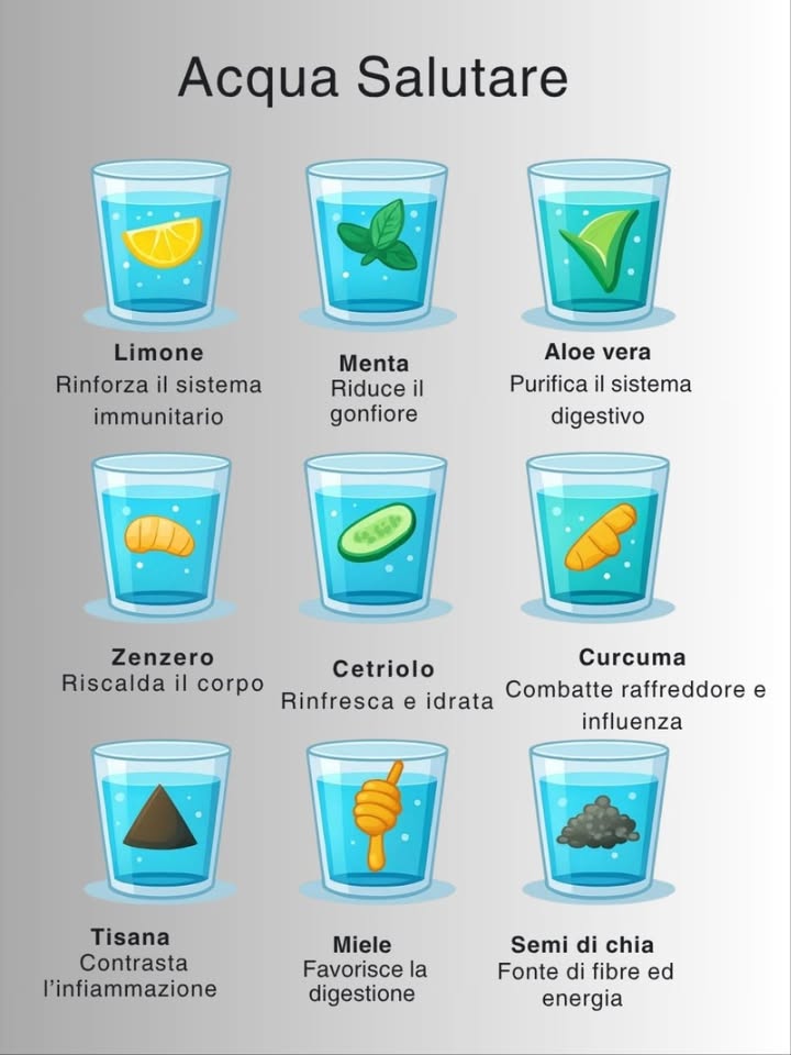 Acqua Salutari: 9 Idee Naturali per Potenziare il Tuo Benessere! 
 Vuoi dare una marcia in più alla tua acqua quotidiana? Prova ad aggiungere questi ingredienti naturali per ottenere benefici incredibili, dentro e fuori! 
 Limone  Rinforza il sistema immunitario
 Menta  Riduce il gonfiore
 Aloe vera  Purifica il sistema digestivo
 Zenzero  Riscalda il corpo
勒 Cetriolo  Rinfresca e idrata
 Curcuma  Combatte raffreddore e influenza
 Tisana  Contrasta linfiammazione
 Miele  Favorisce la digestione
 Semi di chia  Fonte di fibre ed energia
 Salva questa guida per le tue giornate detox o quando hai bisogno di una spinta di vitalità naturale!
#HealthyLiving #DetoxWater #RimediNaturali