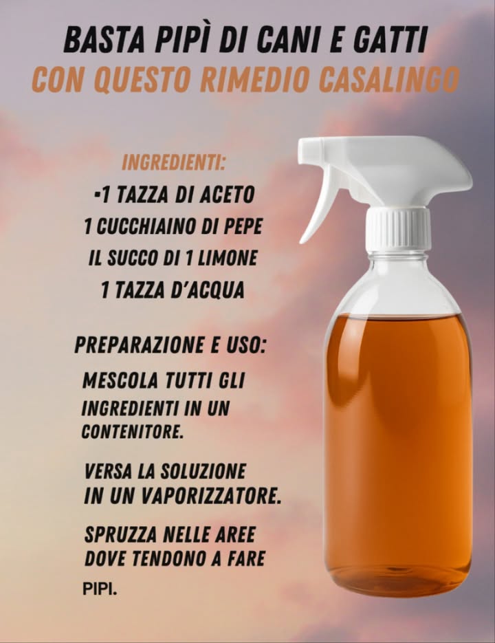 Pulizia Naturale contro gli Odori di Urina di Cani e Gatti 
1 Uno spray casalingo semplice ed efficace per neutralizzare gli odori e impedire agli animali di tornare nello stesso punto. Un mix perfetto tra lazione deodorante dellaceto, la freschezza del limone e il tocco pungente del pepe.
林 Ingredienti:
 1 tazza di aceto
 1 cucchiaino di pepe
 Succo di 1 limone
 1 tazza dacqua
2 Mescola tutto in un contenitore, versa in uno spruzzatore e agita bene.
3 Spruzza sulle zone interessate, lascia agire qualche minuto e tampona con un panno pulito.
4 Per macchie fresche, ripeti lapplicazione 1 o 2 volte.
 Consigli utili:
 Testa prima su tessuti o superfici delicate.
 Non mescolare mai con candeggina o prodotti al cloro.
 Tieni lo spray lontano da animali e bambini, evitando il contatto con occhi e mucose.
 Pulisci subito eventuali incidenti e assicurati che lanimale abbia lettiere pulite o passeggiate regolari.
 Con pochi ingredienti economici ottieni uno spray naturale, efficace e profumato, ideale per mantenere la casa pulita, fresca e accogliente.