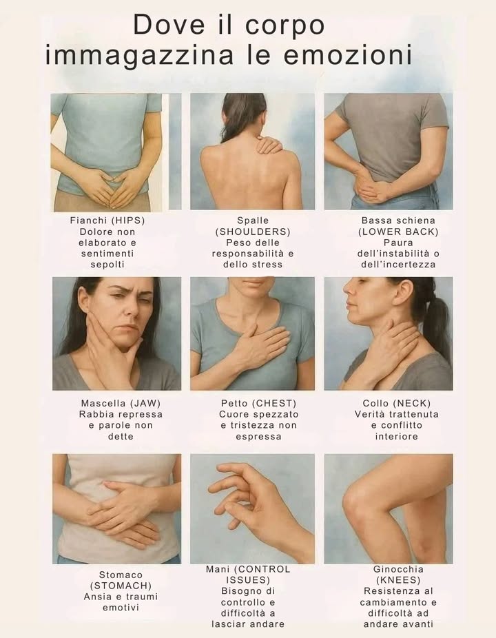 Dove il corpo immagazzina le emozioni

Le emozioni che non vengono elaborate spesso trovano espressione nel corpo, manifestandosi come tensioni o dolori localizzati. Riconoscerle è il primo passo per liberarle.

 Fianchi: dolore non elaborato e sentimenti sepolti.
 Spalle: peso delle responsabilità e dello stress.
 Bassa schiena: paura dellinstabilità o dellincertezza.
 Mascella: rabbia repressa e parole non dette.
 Petto: cuore spezzato e tristezza non espressa.
 Collo: verità trattenuta e conflitto interiore.
 Stomaco: ansia e traumi emotivi.
 Mani: bisogno di controllo e difficoltà a lasciar andare.
 Ginocchia: resistenza al cambiamento e difficoltà ad andare avanti.

 Ascoltare il corpo significa ascoltare le emozioni che cerca di comunicare.
